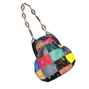 Vintage 60s Italian Leather Patchwork Lucite Frame Bag Chain Tortoise Strap BOHO